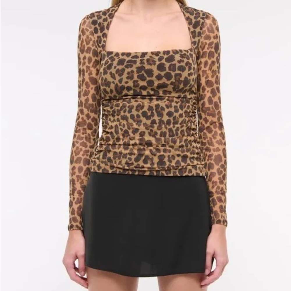 Abercrombie & Fitch Ava Mesh Brown Leopard Square Neck Top